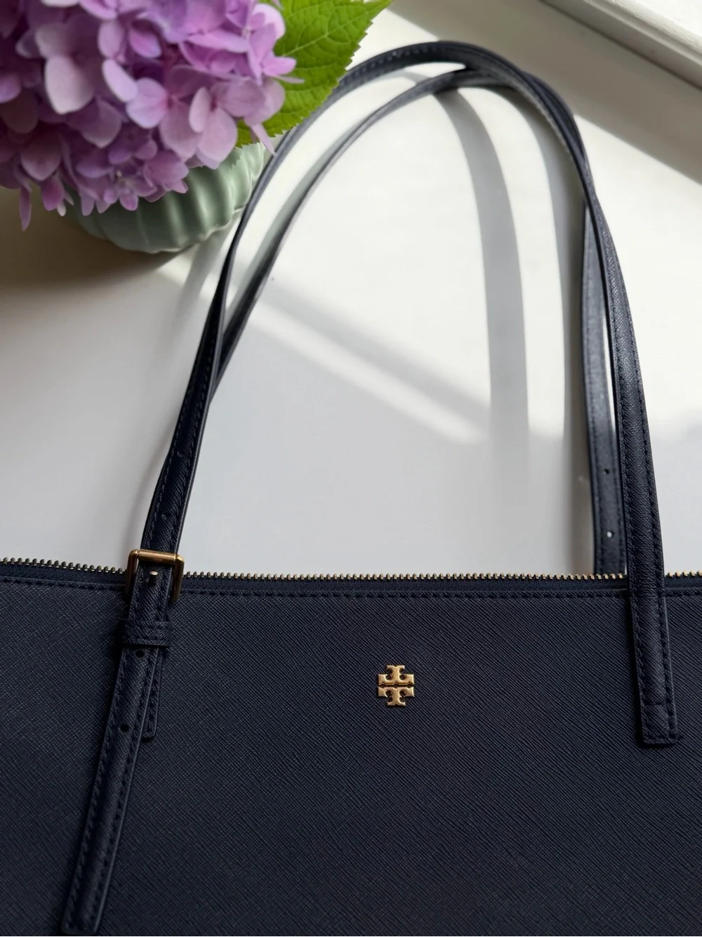 Tory Burch Emerson Double Zip Tote in Navy Saffiano Leather